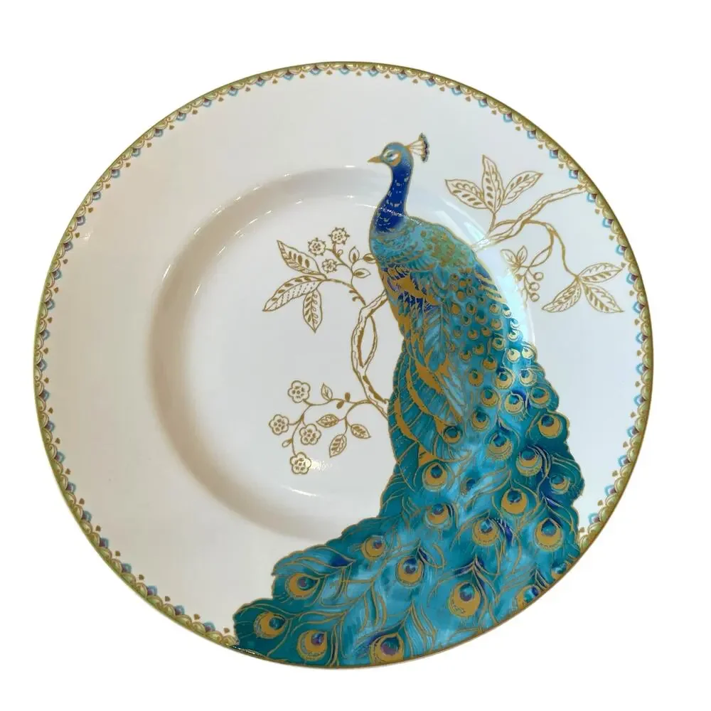 4pc 222 FIFTH Peacock Garden Porcelain Salad Plate Set Teal Gold Floral Scroll